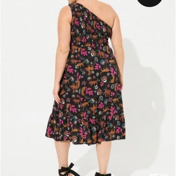 Torrid Midi Challis One-Shoulder Dress  Leopard Leaves Deep Black.   Make Offer! - Picture 3 of 4